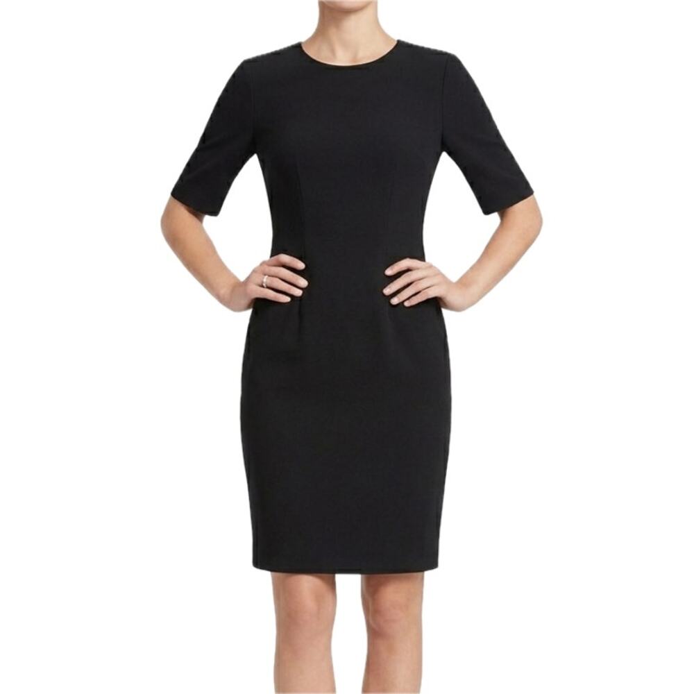 Theory Black Half Sleeve Round Neck Pleated Center Back Zip Sheath Dress size 10